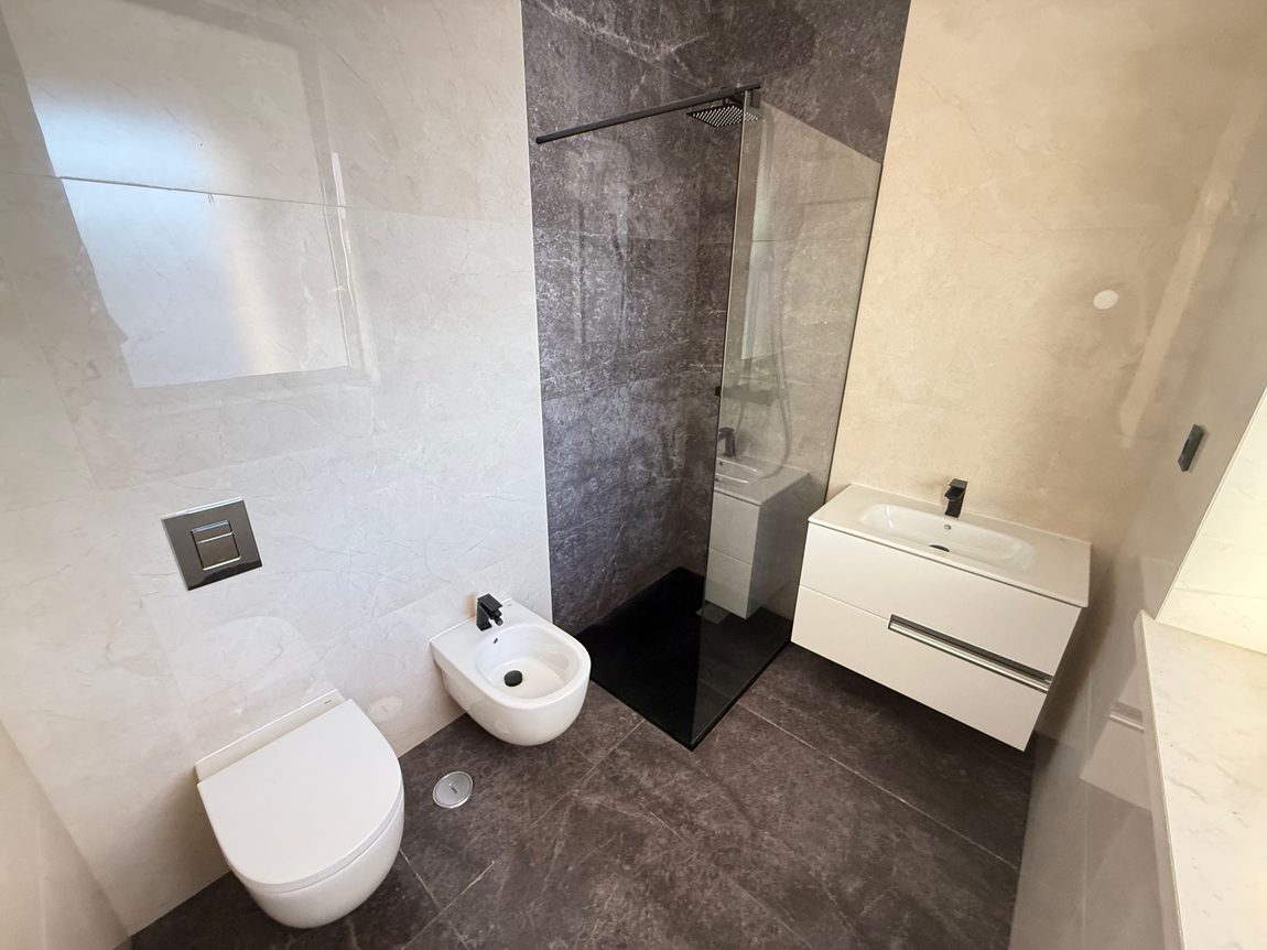 Bathroom · grey porcelain · walk-in shower